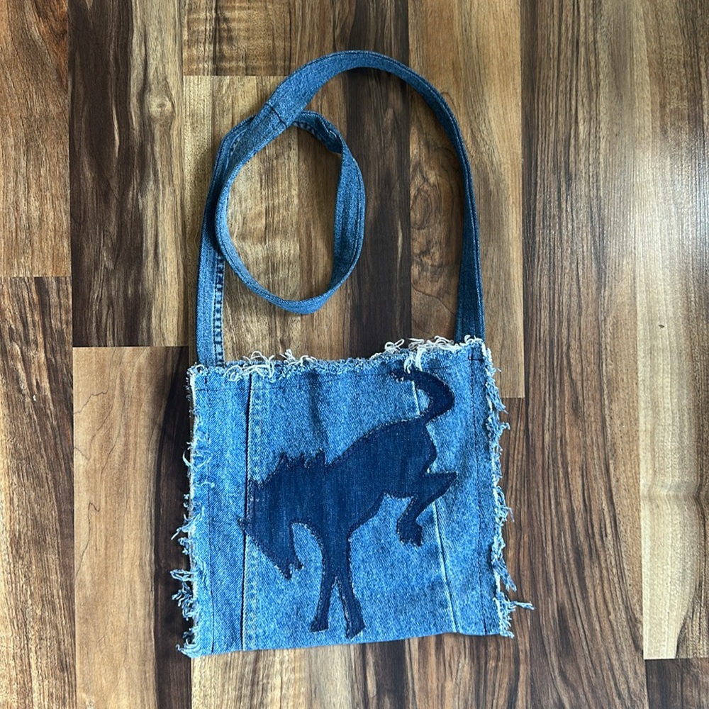 Denim Fringe Shoulder Bag with Mustang Horse Design Made from Jeans